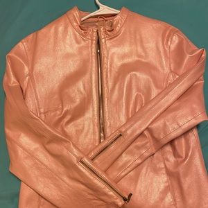 Shimmery pink leather jacket.